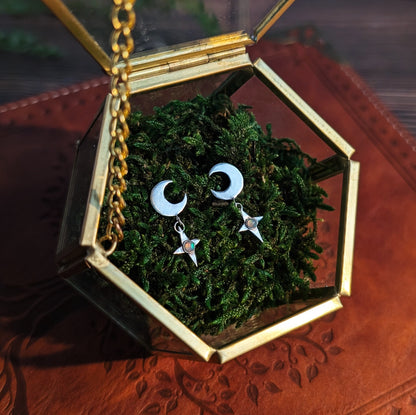 STARDROP - Ohrringe | 925 Silber & 999 Silber, Stecker mit Mond, Sternanhänger und Opal