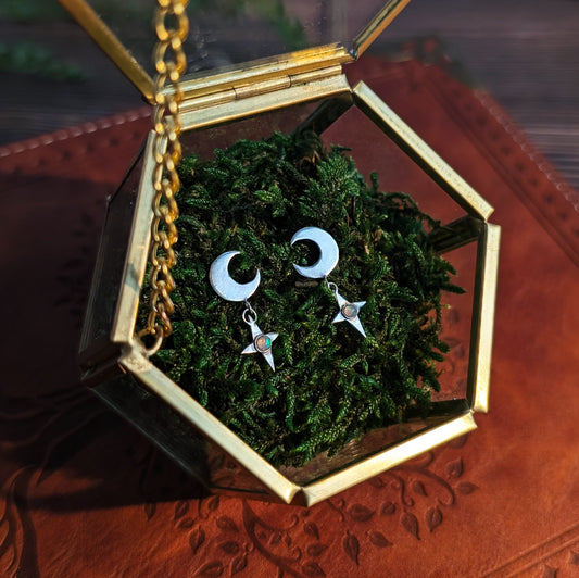 STARDROP - Ohrringe | 925 Silber & 999 Silber, Stecker mit Mond, Sternanhänger und Opal