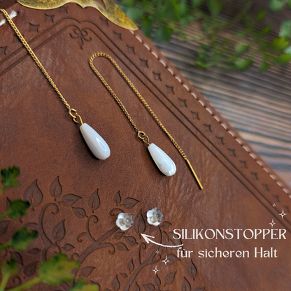 AERIN - zarte Fädelohrringe mit Perlmutt-Tropfen, gold und silber, Hängeohrringe