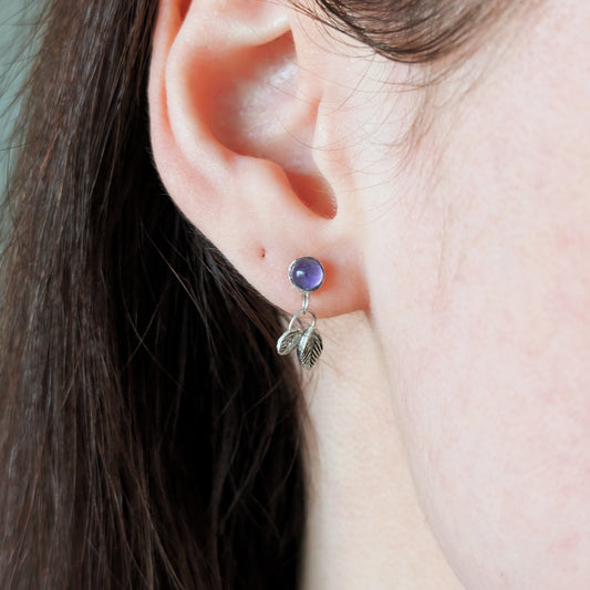 SPELLLEAF - Ohrringe | 925 Silber & 999 Silber, Stecker mit Amethyst und Blattanhänger
